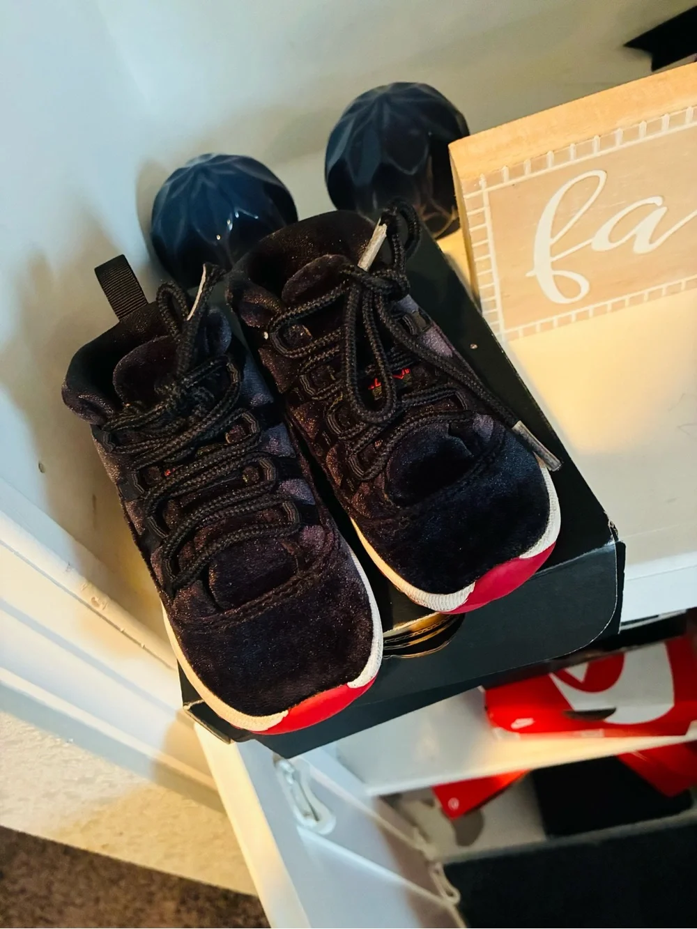 Jordan Kids Black Velvet Sneakers with Red Toe Detail